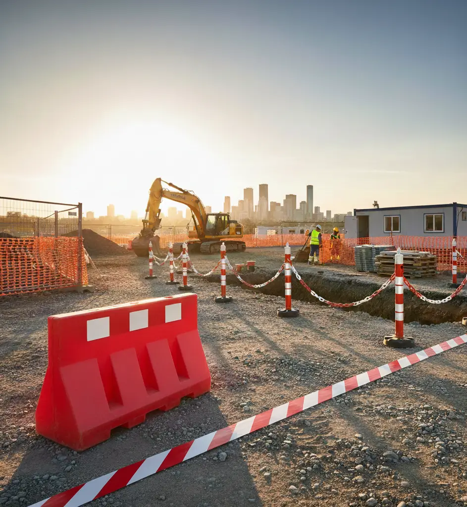 Barrière de sécurité et chaîne de signalisation pour délimitation de chantier