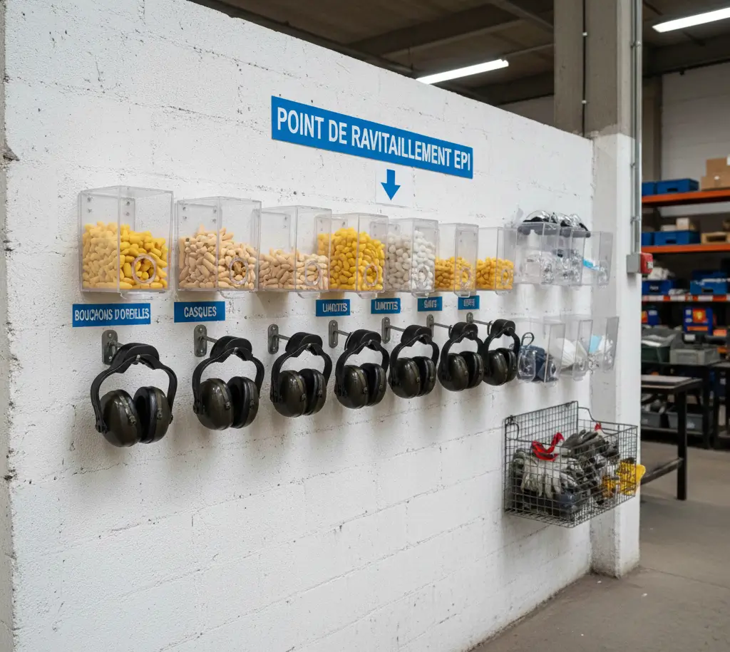 Point de ravitaillement EPI organisé sur un mur, montrant des boîtes de bouchons et des casques accrochés.