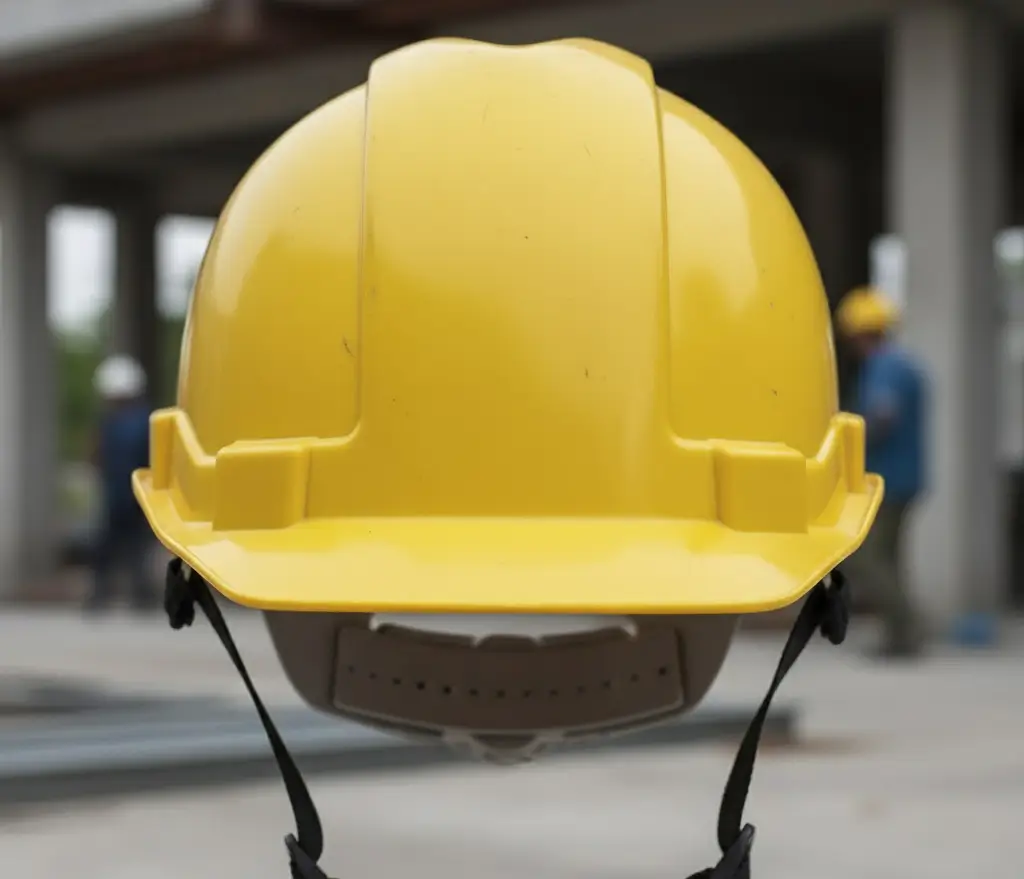 Gros plan sur un casque de protection blanc avec logo, porté par un ouvrier.