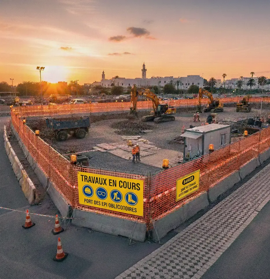 Vue d'ensemble d'un chantier sécurisé avec signalisation claire.