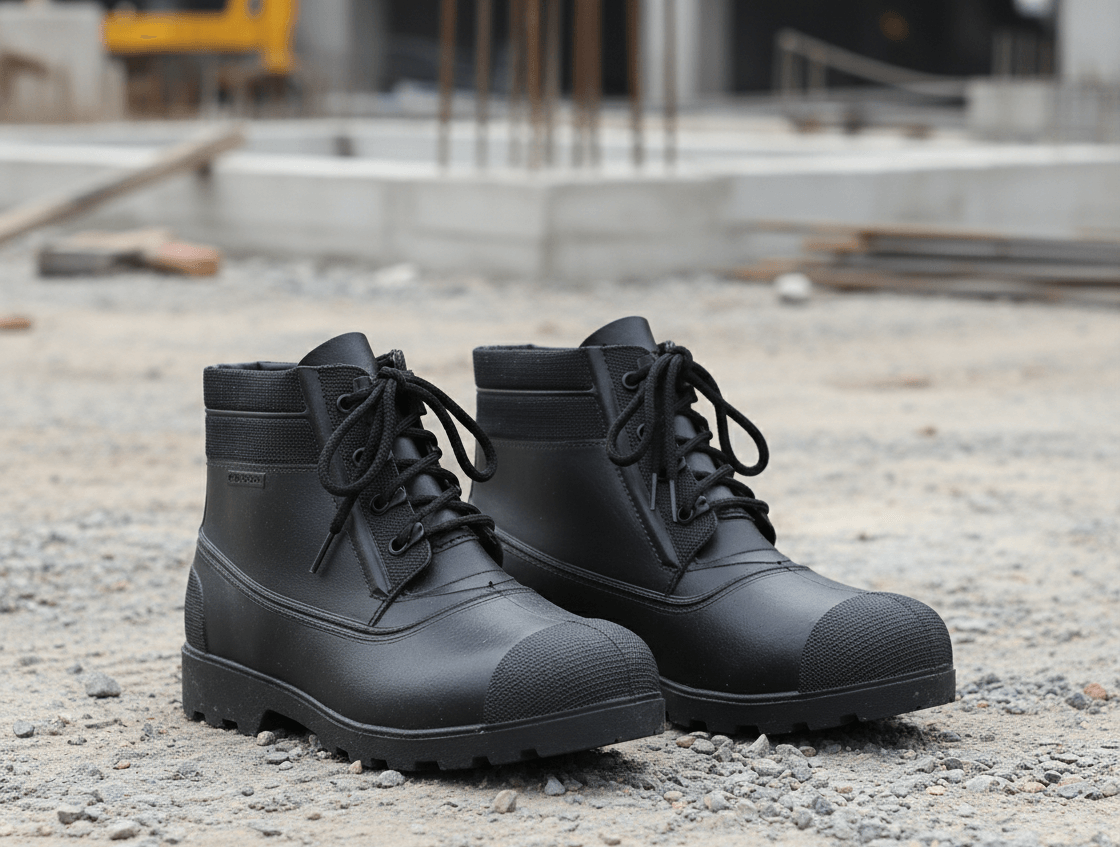 Paire de chaussures de sécurité robustes de type S3 sur un sol de chantier.