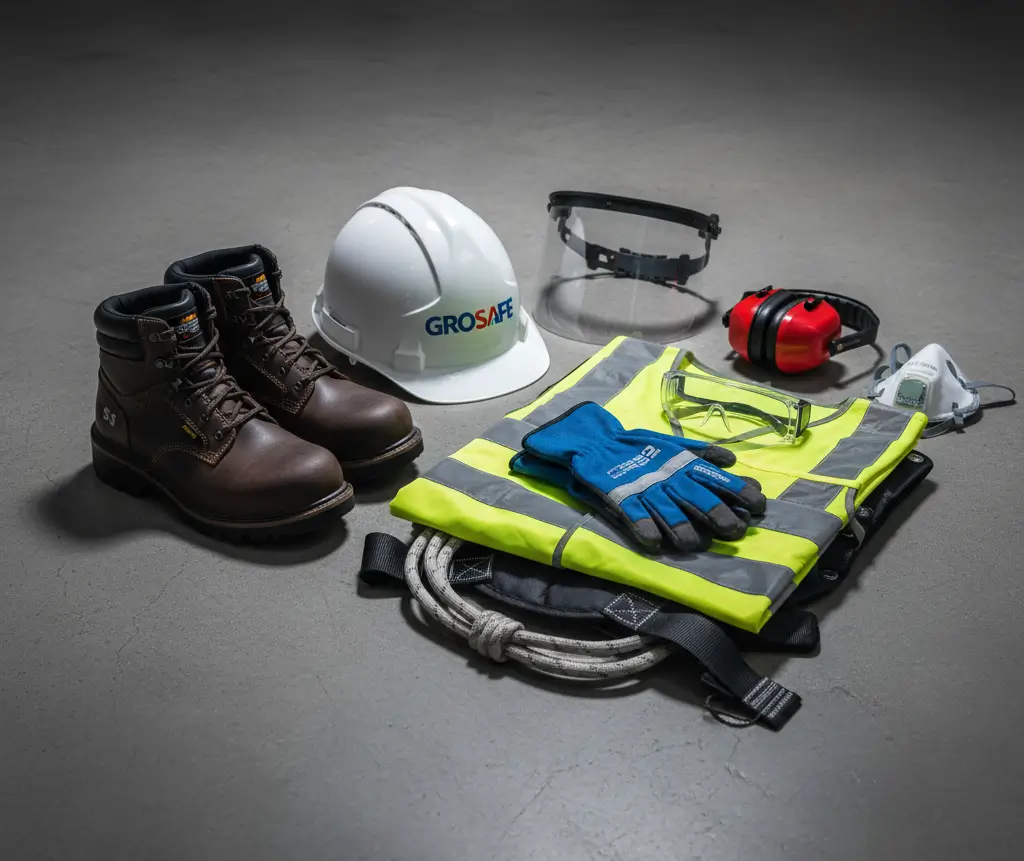 Ensemble des Équipements de Protection Individuelle (EPI) obligatoires : casque, gants, lunettes, gilet, chaussures.