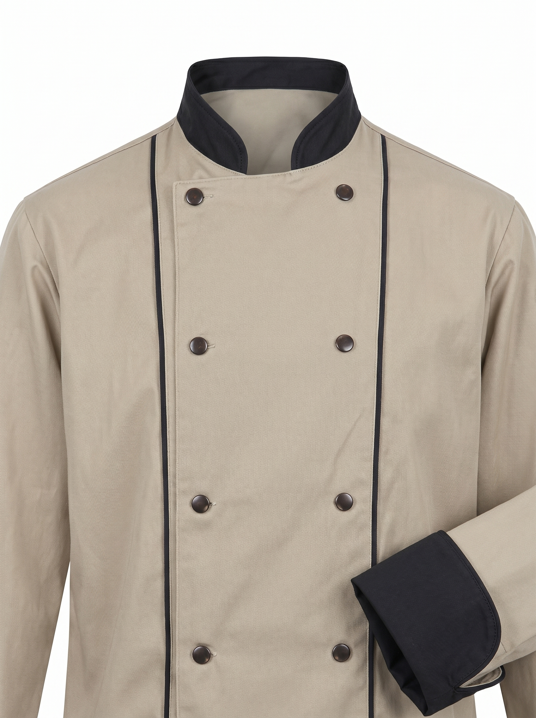 Veste de chef professionnelle beige et noire manches longues