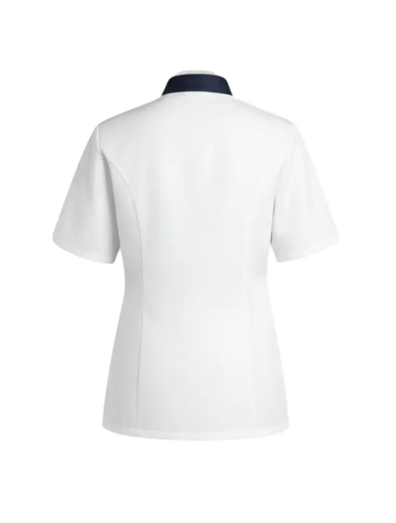 Tenue de restauration professionnelle blanche et marine avec tunique et pantalon personnalisable logo Tunisie