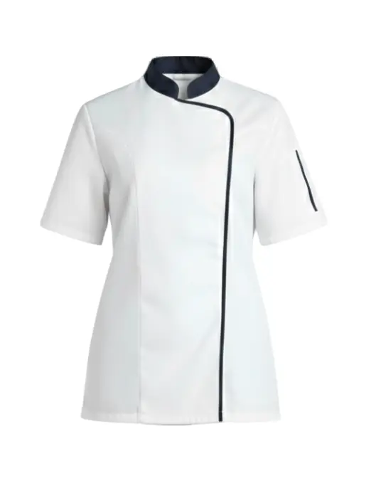 Tenue de restauration professionnelle blanche et marine avec tunique et pantalon personnalisable logo Tunisie