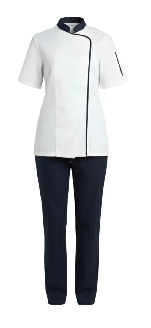 Tenue de restauration professionnelle blanche et marine avec tunique et pantalon personnalisable logo Tunisie