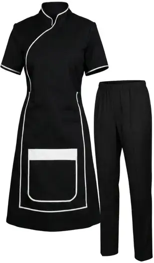 tenue de service hôtellerie noire avec tunique asymétrique et pantalon