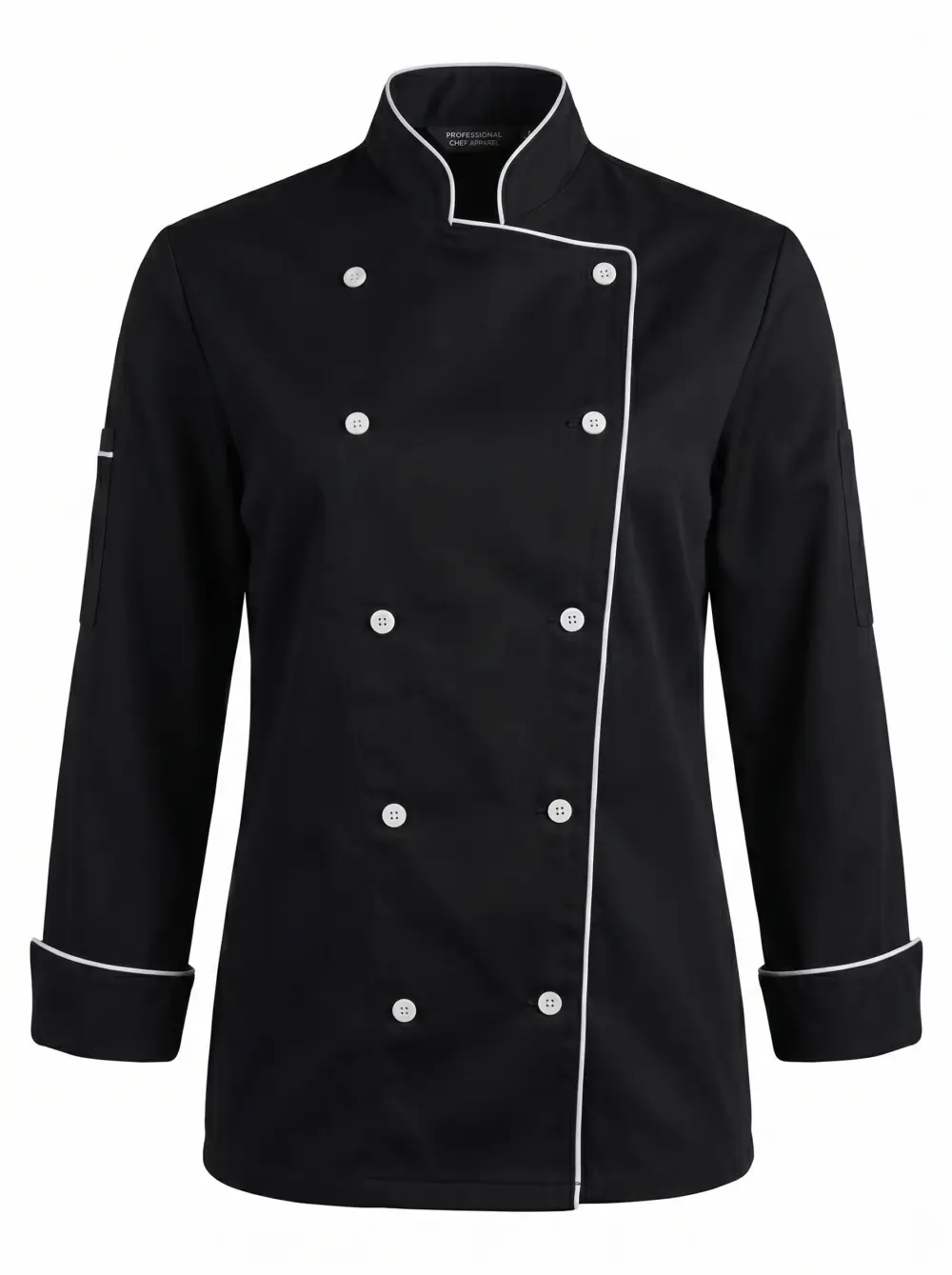 veste de cuisine noire professionnelle avec liseré blanc et boutons pressions