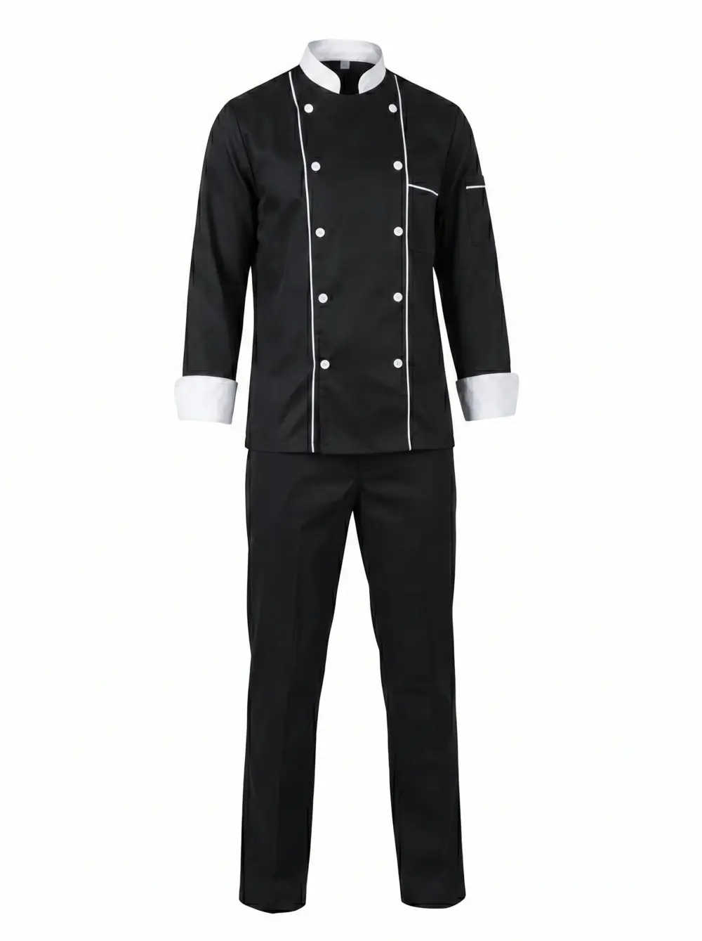 tenue de chef cuisinier noire avec liserés blancs et boutons pression