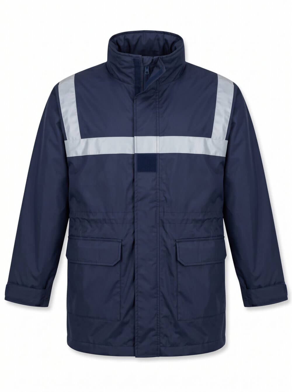 Parka multi-usage bleu marine vue de face avec capuche cachée dans le col
